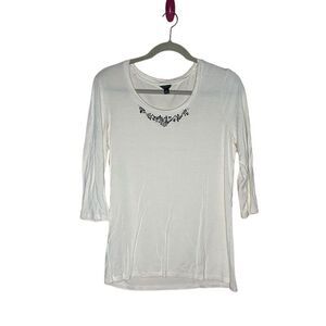 Ann Taylor Ivory Sequin Beaded Scoop Neck Blouse Women's Size L 3/4 Sleeve
